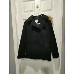Nautica Women's Faux Fur Trim Hood 60% Wool Black‎ PEACOAT Size Medium EUC